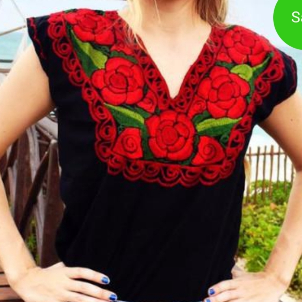 Used Mexican embroidered black top with red Flowers, Size L.